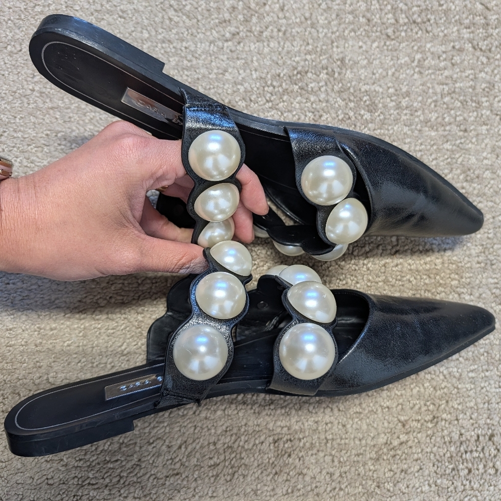 Zara Womens Pearl Strap Mules Pointed Flats Black 36 Blogger Favorite Influencer - Picture 6 of 9